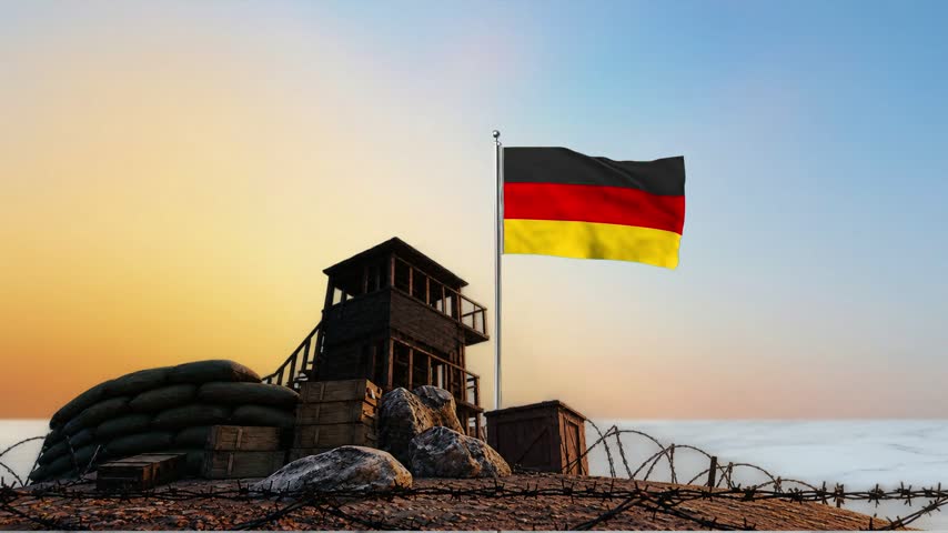 Germany Flag Waving at Military Base Outpost with Watchtower and Barbed Wire