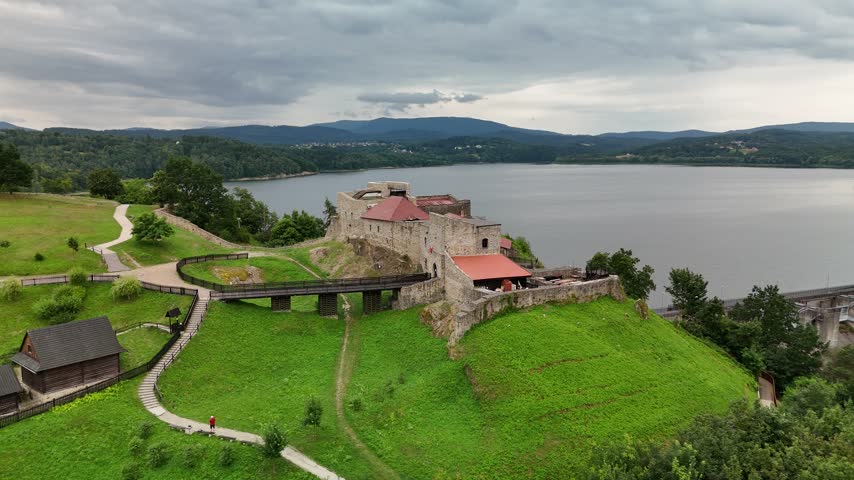 Aerial view of Dobczyce Castle ruins in southern Poland
