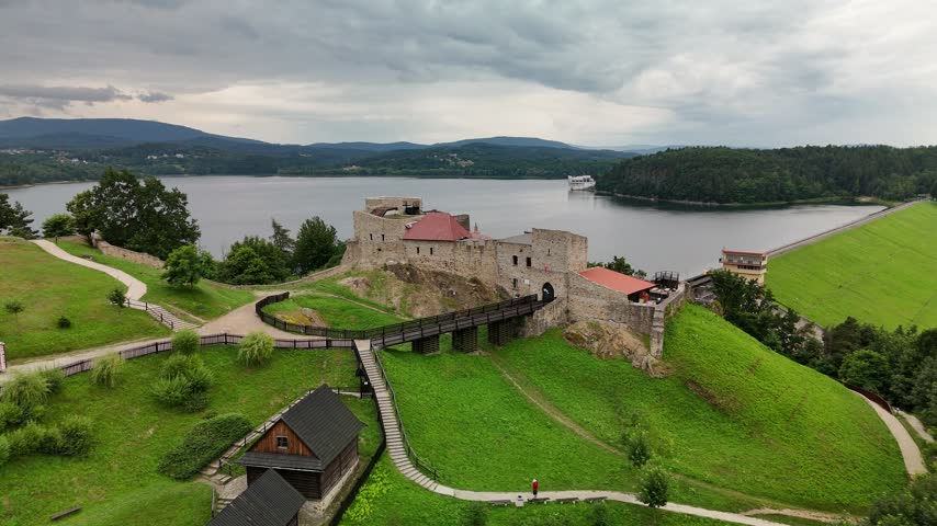 Aerial view of Dobczyce Castle ruins in southern Poland
