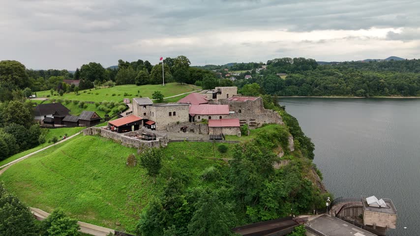 Aerial view of Dobczyce Castle ruins in southern Poland
