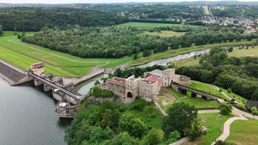 Aerial view of Dobczyce Castle ruins in southern Poland

