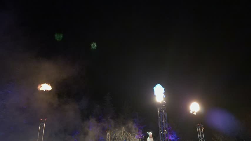 Flames and smoke rise from towers during a night fire show at an outdoor festival
