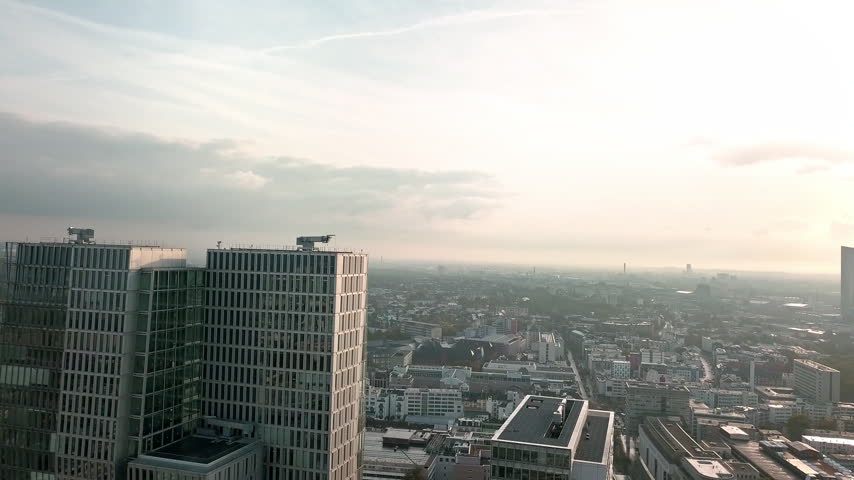 Aerial drone footage of the city center, business district and the banks in Frankfurt am Main in Germany in the European Union. Frankfurt is the financial and banking capital of Germany and Europe.