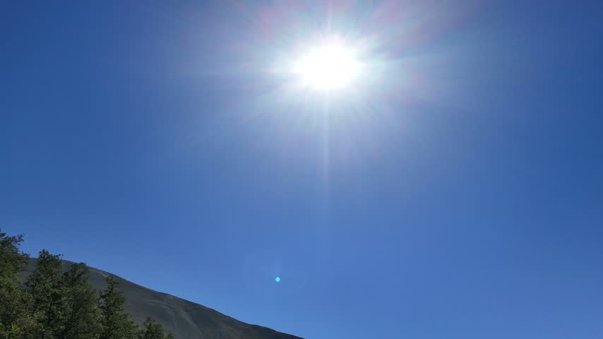 mountain panorama on a clear summer day, with the bright sun illuminating a dense coniferous forest along the steep mountain slope under a clear blue sky