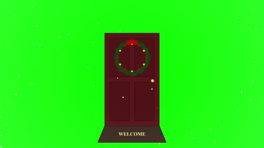 A beautiful animated red door decorated with a Christmas wreath and welcome mat on a green screen background with gentle falling snow.