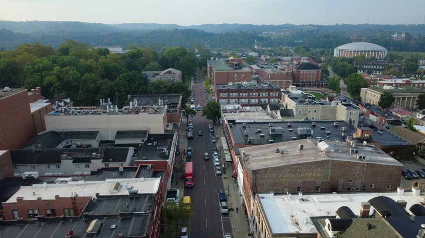 Athens, Ohio downtown with the court house, business, and the Ohio University in the background