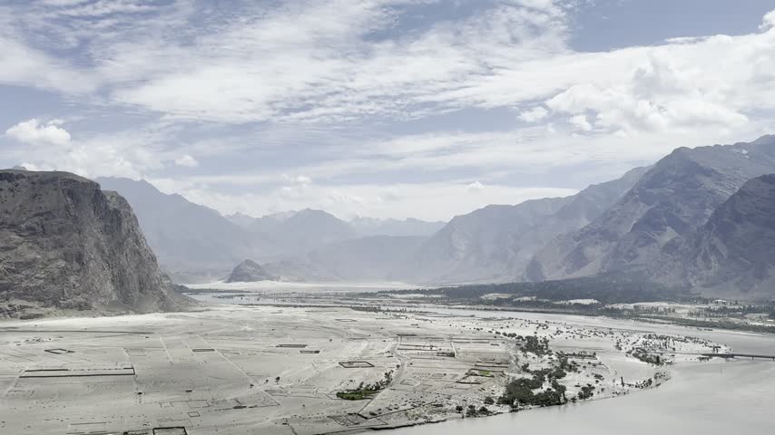 Broad river channels cross a sandy valley beneath towering mountains in Skardu, Pakistan