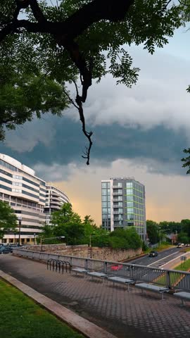City buildings beneath dark clouds framed by tree branches. Storm clouds hang above roads and modern buildings in Washington DC, with yellow light near the horizon.