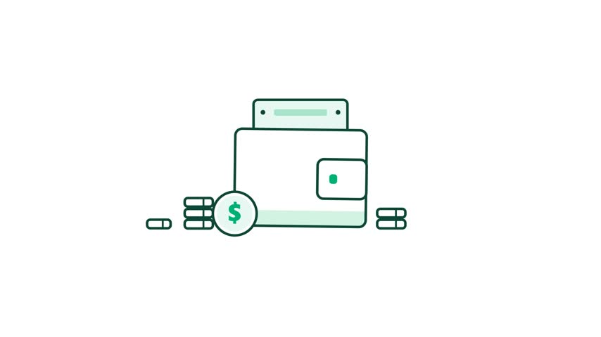 Seamless loop motion graphic illustration of a wallet holding paper bills, surrounded by dollar coins and cash stacks with clean precise outlines.