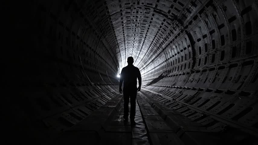 A silhouette of a lone man walking towards the bright light at the end of a long, metallic, industrial tunnel.