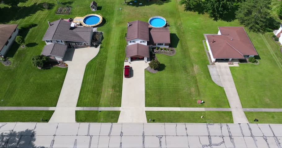 Aerial view of spacious new family houses in Ohio suburban area. Real estate development in American suburbs.