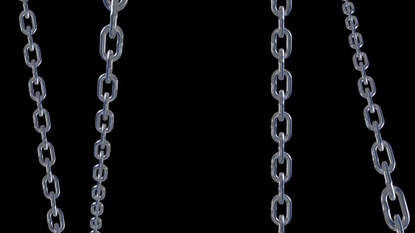 Four vertical silver metal chains hanging downwards against a dark black background