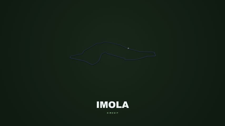 10 second 4K racing track illustration in Imola, Italy. A glowing marker traces a lap while the entire track completes one continuous 360 degree rotation. Regional title with generic CIRCUIT label