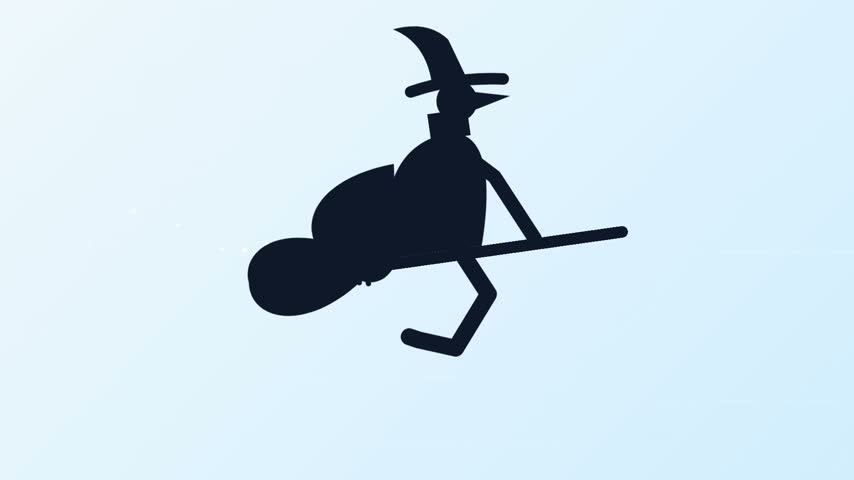 A minimalist black silhouette vector icon depicts a classic witch riding a broomstick diagonally across a clean background. The figure wears a pointed hat and leans forward in dynamic flight position, capturing the essence of Halloween folklore and magic. Perfect for autumn seasonal greeting cards, party invitations, spooky event decorations, graphic design templates, and festive web banners.

