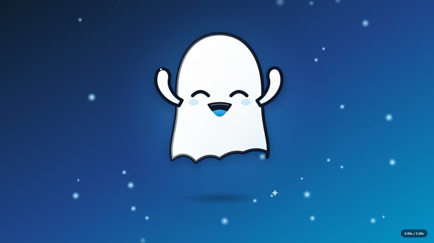 A cute vector illustration features a friendly ghost character with raised arms and a wide joyful smile on a clean isolated background. Designed with bold black outlines, smooth curves, and a soft pink tongue detail, this cheerful phantom brings a playful touch to Halloween celebrations, party invitations, or digital app interfaces. Centered front view perspective highlights the expressive facial features and dynamic floating pose suitable for modern graphic projects.

