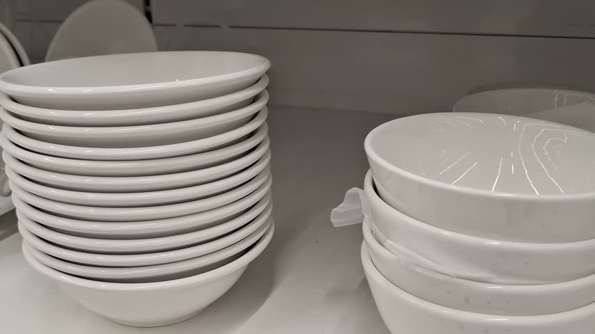 Stacks of white ceramic plates and bowls inside a kitchen cabinet or on store shelf. Clean kitchenware organization, household storage, home interior.