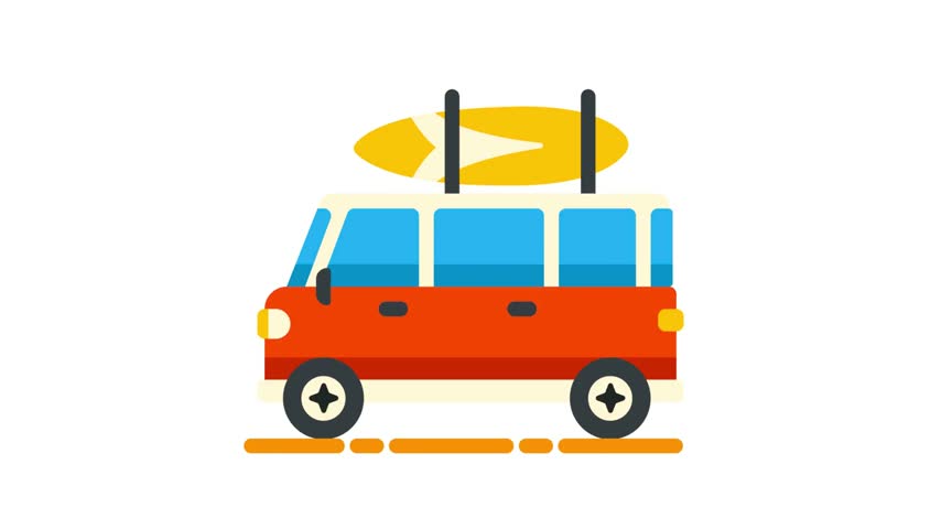 Cute cartoon camper van with surfboard flat vector illustration icon