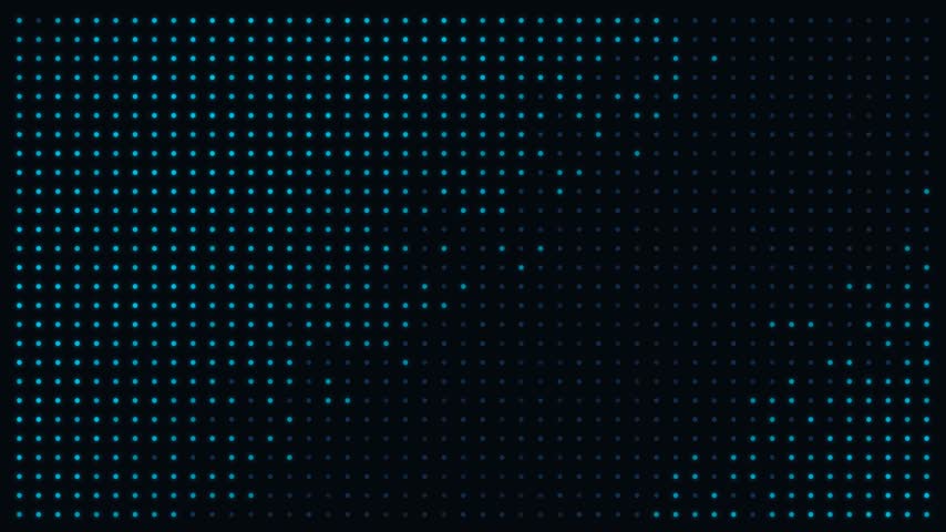 Futuristic hi-tech background with blue glowing dots forming a digital data grid. Animated cyber wave pattern with flickering dots moving in circular motion on black background, perfect for technology presentations.