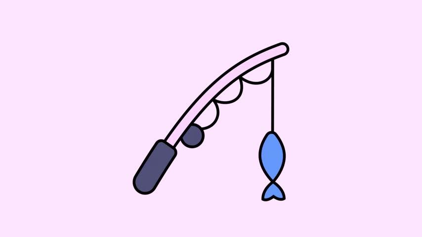 Cute Fishing Rod with Small Fish Vector Icon Illustration on Pink Background