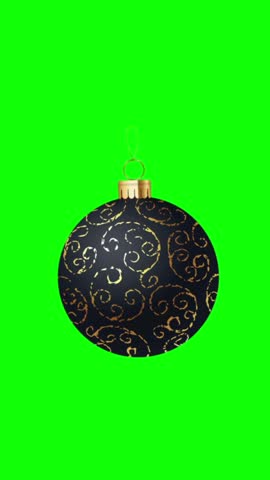 3D animated vertical black Christmas ball ornament with ornate gold swirl pattern on chroma key green screen background for mobile video overlay