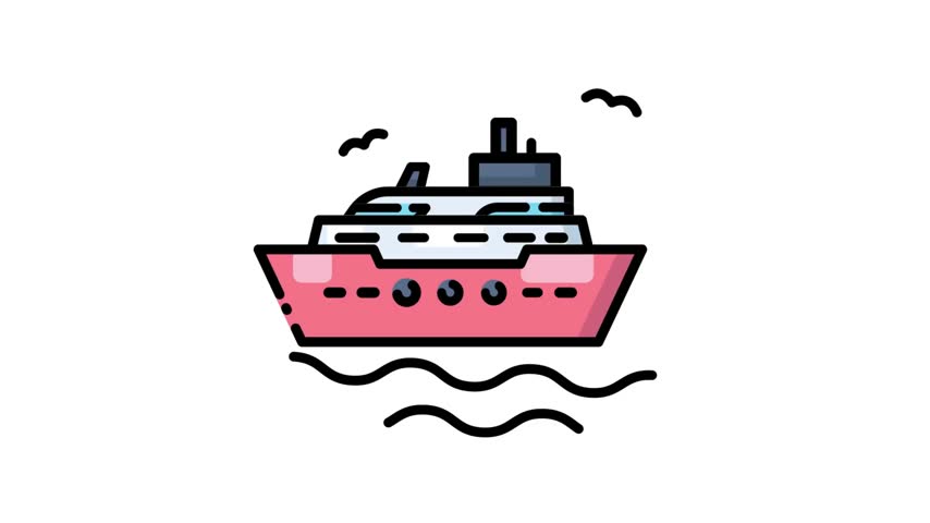 Pink Cruise Ship Vector Illustration with Waves and Seagulls on White Background
