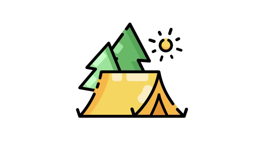 Camping tent in forest with trees and sun vector icon, outdoor adventure and nature flat design illustration