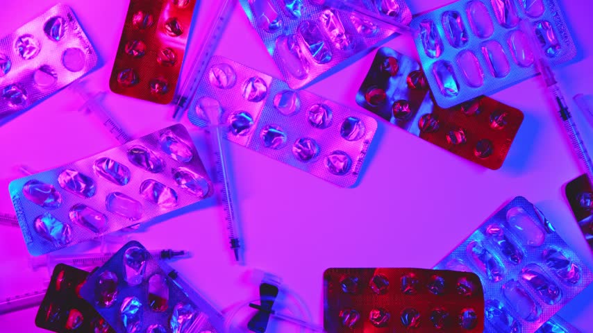 Gloved hands spelling the word cancer with tiles among empty blister packs and syringes