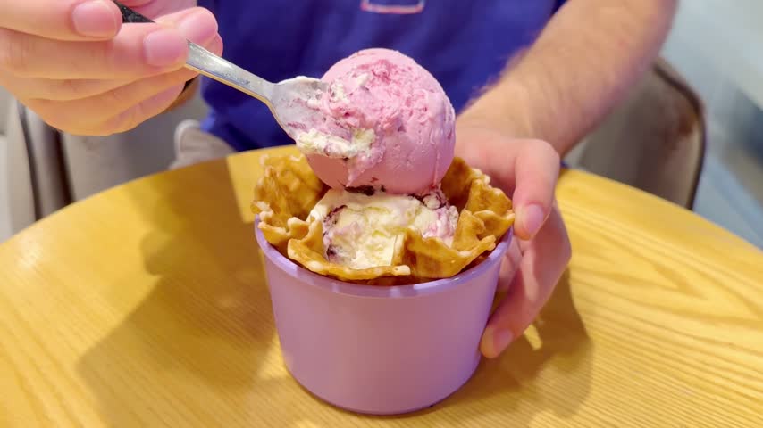 Close Up of Ice Cream Scoop in Bowl with Hand Holding Spoon ,Sweet Dessert	
