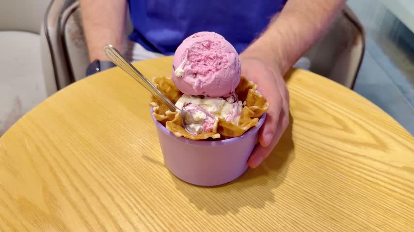 Close Up of Ice Cream Scoop in Bowl with Hand Holding Spoon ,Sweet Dessert	
