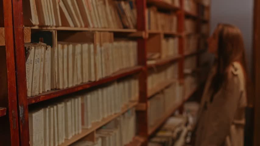 Woman examines an old archival record among crowded wooden shelves in warm dim light. Concept historical research, preservation, publishing and documentary content.