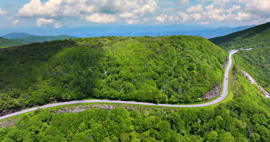 Mountain pass road in North Carolina Appalachian mountains, USA. Blue Ridge Parkway in summer season.