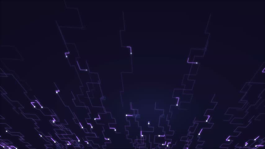 Purple digital circuit lines move upward against a dark background while glowing data nodes pulse along pathways.
