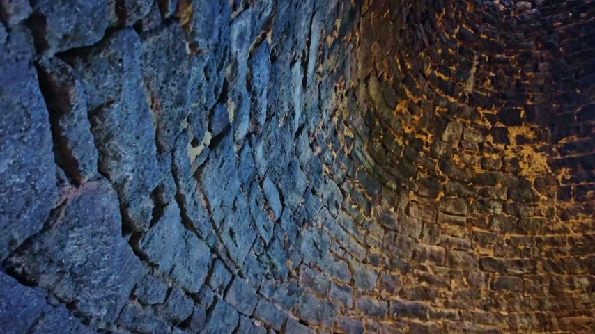 Looking upward inside the hollow beehive interior of a historic masonry stone kiln at Ward Charcoal Ovens State Historic Park Nevada