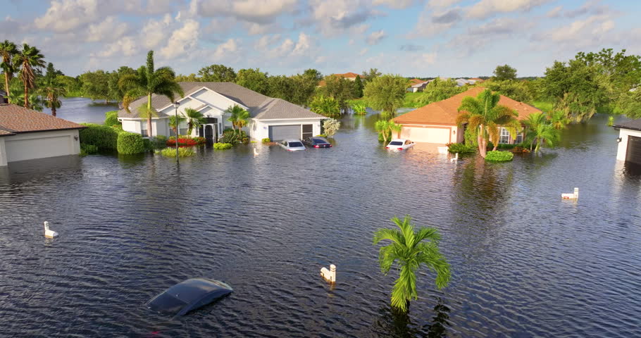 Tropical rainstorm flooded residential homes in suburban community in Florida. Hurricane aftermath.