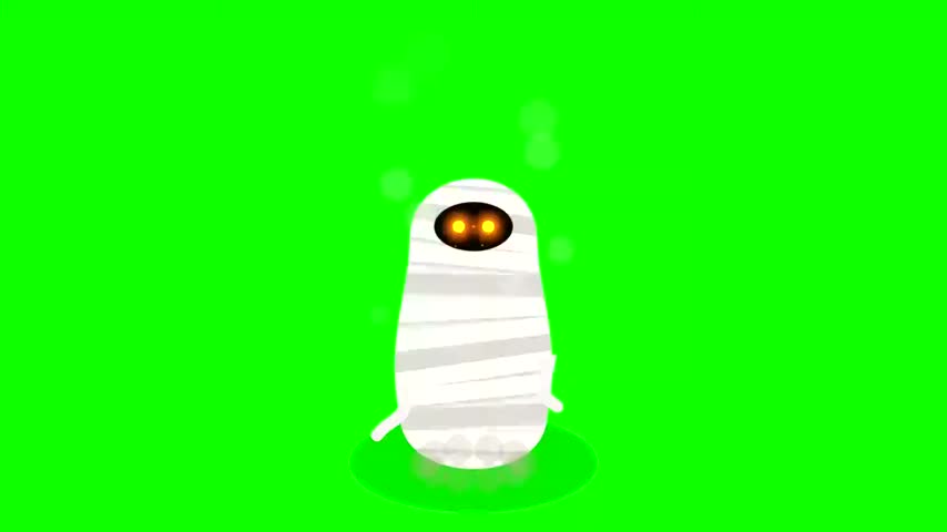 A cartoon mummy character with glowing eyes floating on a chroma key green background for easy compositing.