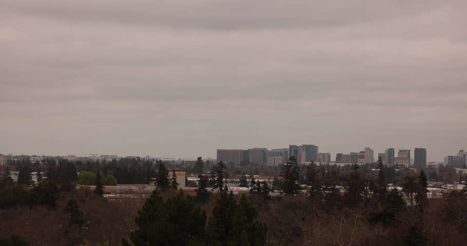 A winter storm passes over the downtown skyline of San Jose, California, USA.