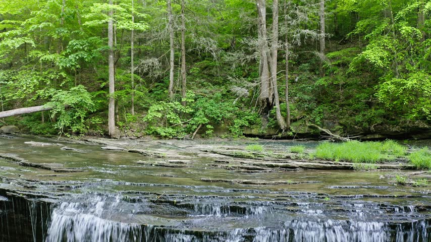 High angle view of Princess Falls and its broad sandstone ledge surrounded by dense late-spring forest in Daniel Boone National Forest in the Big South Fork region of southern Kentucky