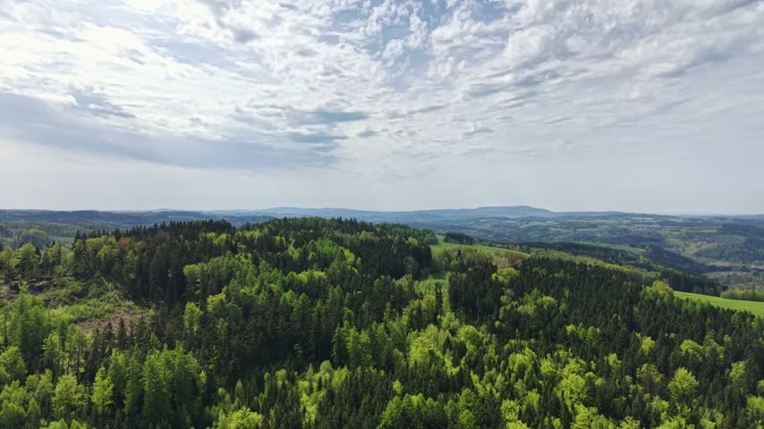 Overhead aerial landscape shows rolling forest hills blending into patchwork fields and meadows, sunlit greens under bright partly cloudy daylight, calm rural panorama with open horizon.