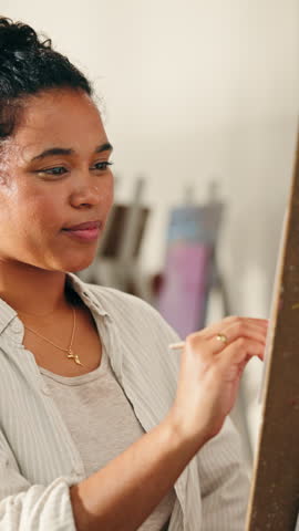 Woman, face and art student in studio for painting, learning technique and smile for progress. Education, artist and happy in university for creative class, skill development and illustration design