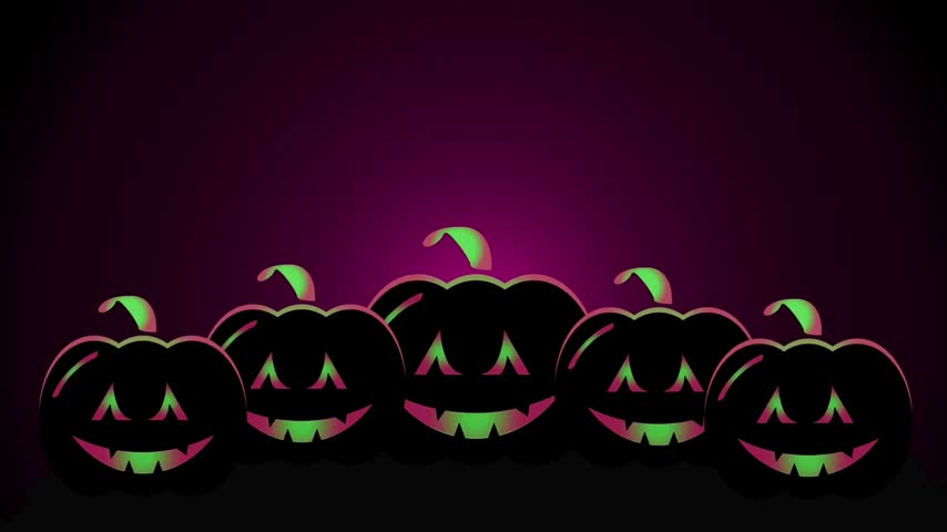 Cute vector Halloween pumpkins with glowing green faces on a dark purple background. Motion graphics for party invitations, kids halloween, web banner, and sales promo background.