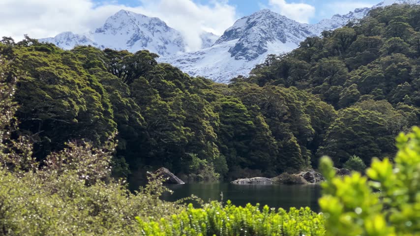 Beech forest crowds the shore of Lake Mackenzie on the Routeburn Track, New Zealand, big snow covered peaks standing over the bush and foliage framing the water. Pan right shot