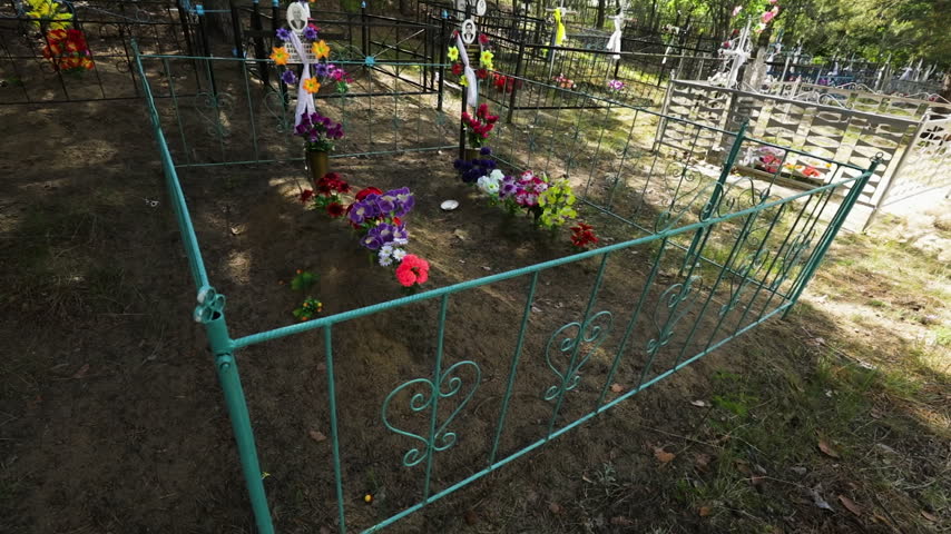 Fenced grave plot decorated with artificial flowers in a pine forest cemetery.