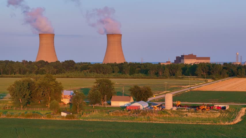 Enrico Fermi II nuclear power plant with cooling towers in Berlin Township, Michigan, USA