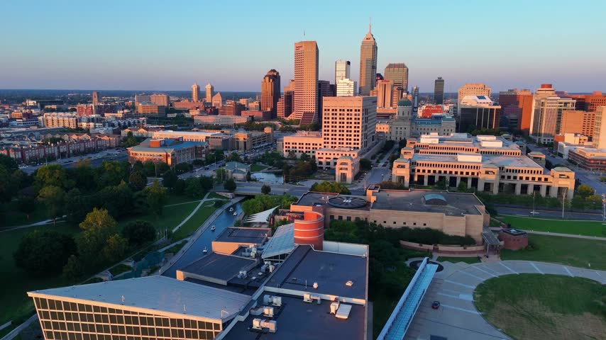Stunning aerial perspective of the downtown Indianapolis cityscape during a beautiful sunset