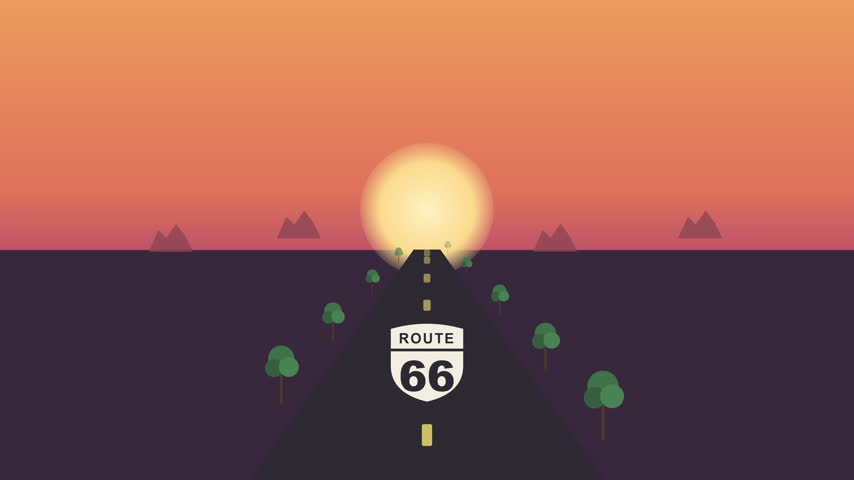 Flat Illustration of Route 66 Desert Highway at Sunset with Trees Passing By, American Road Trip Travel Animation in Warm Orange Colors