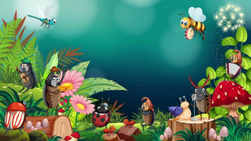 Cute cartoon insects and bugs play musical instruments in an enchanted forest glade backdrop.
