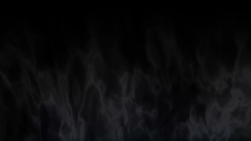 Thick gray smoke swirls and rises from the ground against a dark black background.