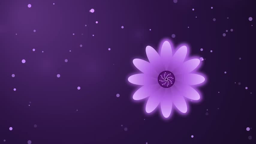 Abstract purple flower with glowing petals and floating particles.