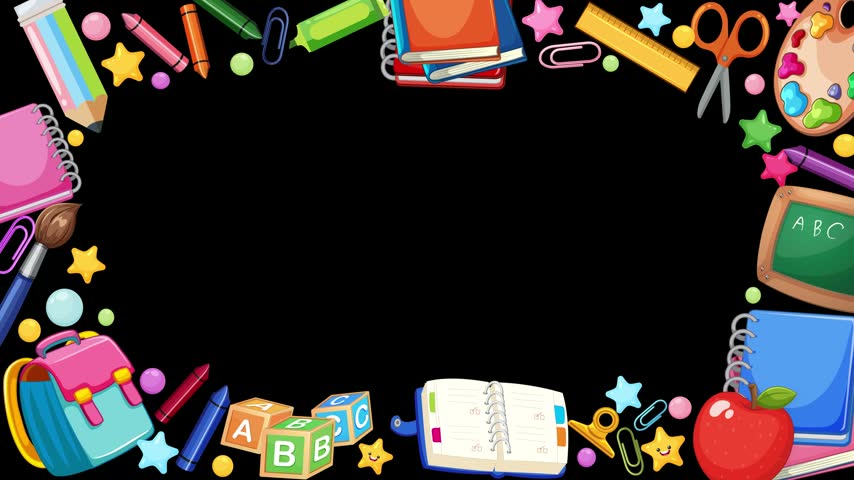 Animated educational graphic background with school supplies bordering chalkboard text on black background.