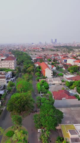 Aerial Drone Footage Of Green Residential Area With City Skyline In Surabaya